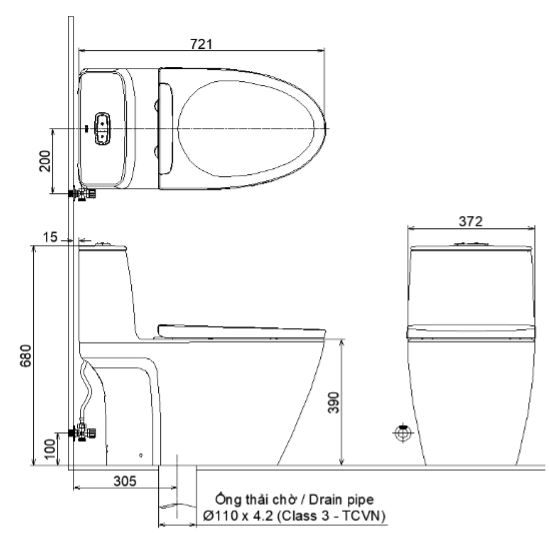 Bản vẽ kỹ thuật bàn cầu Inax nắp rửa cơ AC-902 + CW-S32VN 1 khối