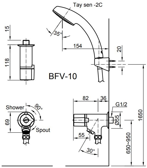Bản vẽ kỹ thuật Vòi sen tắm lạnh INAX BFV-10-2C