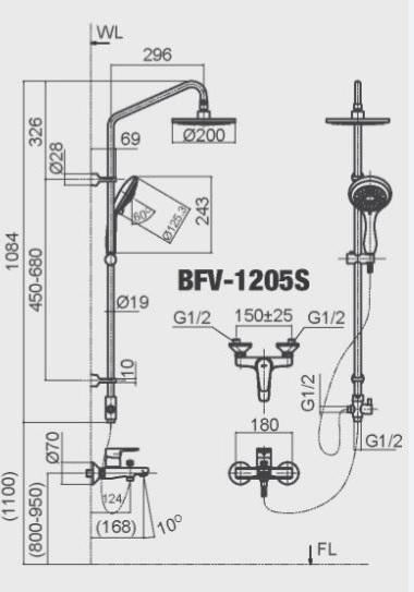Bản vẽ sen cây INAX BFV-1205S nóng lạnh