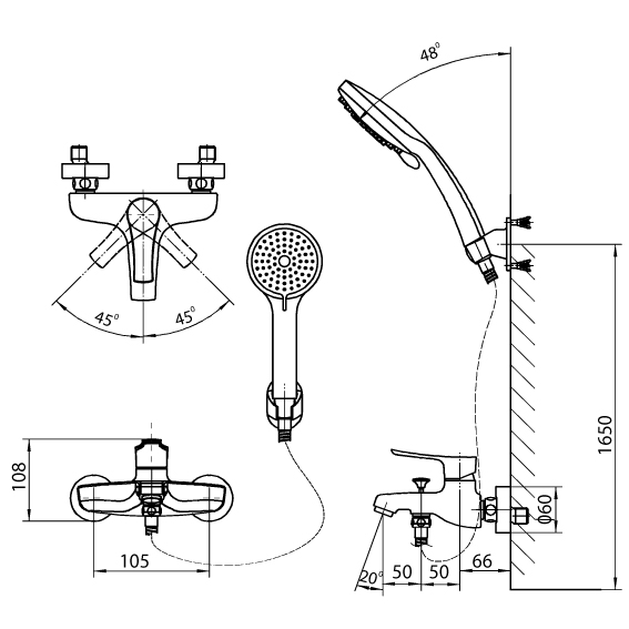Bản vẽ kỹ thuật Vòi sen tắm nóng lạnh INAX BFV-313S