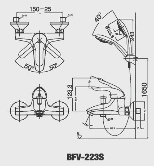 Bản vẽ kỹ thuật Vòi sen tắm nóng lạnh INAX BFV-223S