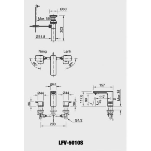 Vòi Chậu Lavabo Inax LFV-5010S Van Nóng Lạnh Riêng 3 Lỗ Vòi Lavabo