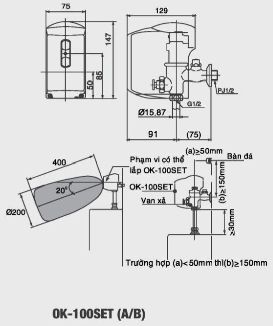 Bản vẽ kỹ thuật van xả tiểu cảm ứng INAX OK-1000SET(A/B)