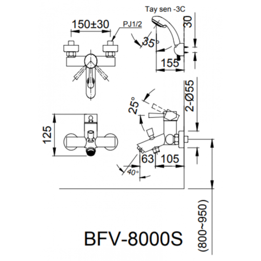 Vòi Sen Tắm Inax BFV-8000S-5C Nóng Lạnh Vòi Sen Tắm