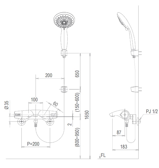 Bản vẽ kỹ thuật vòi sen tắm lạnh INAX BFV-5103T-3C