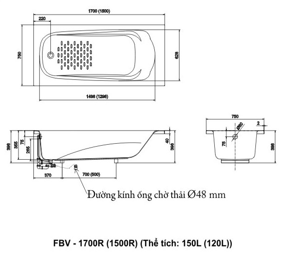 Bản vẽ kỹ thuật Bồn tắm INAX FBV-1700R